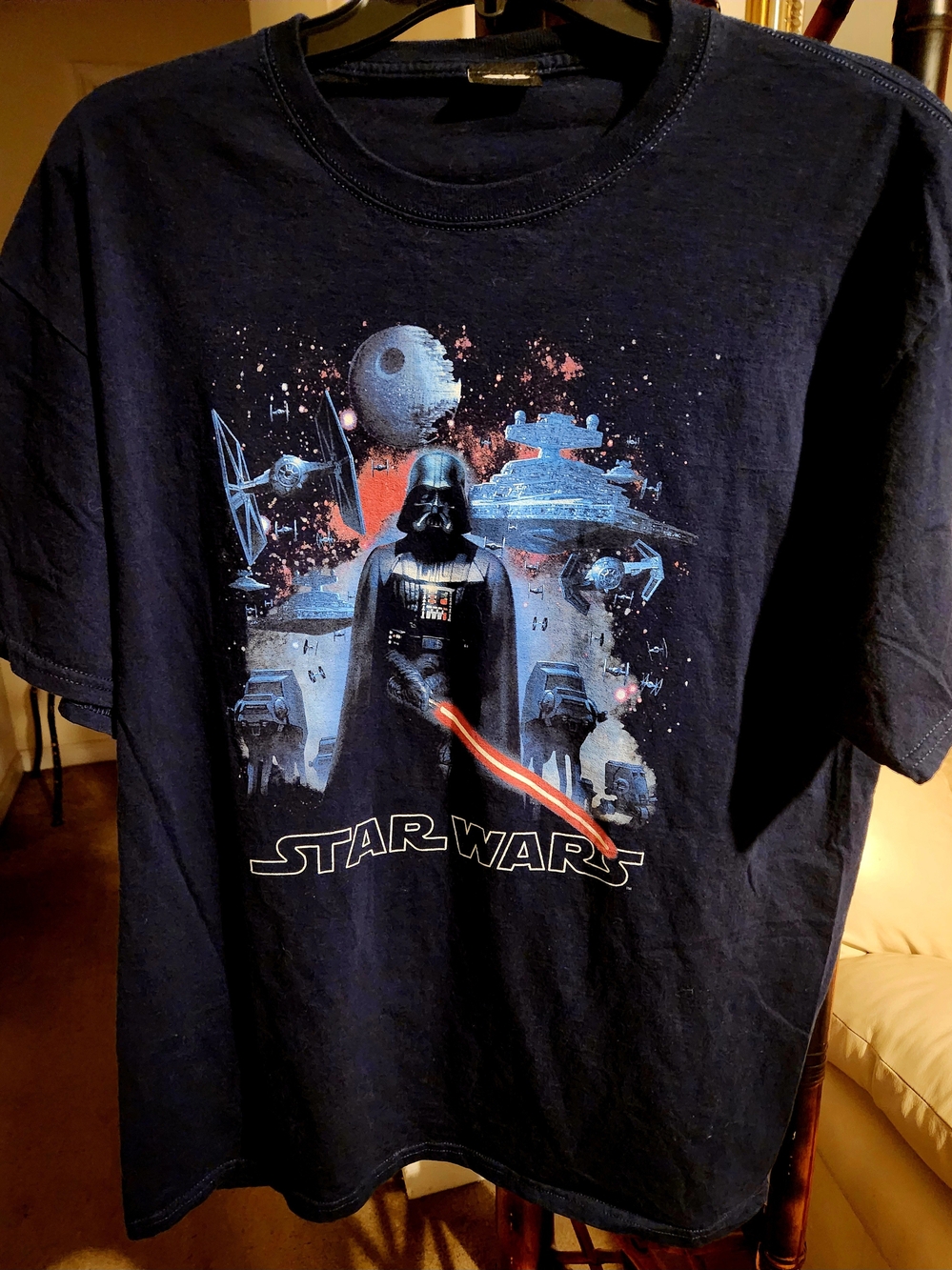Star Wars Navy Graphic Tee with Darth Vader and Space Battle